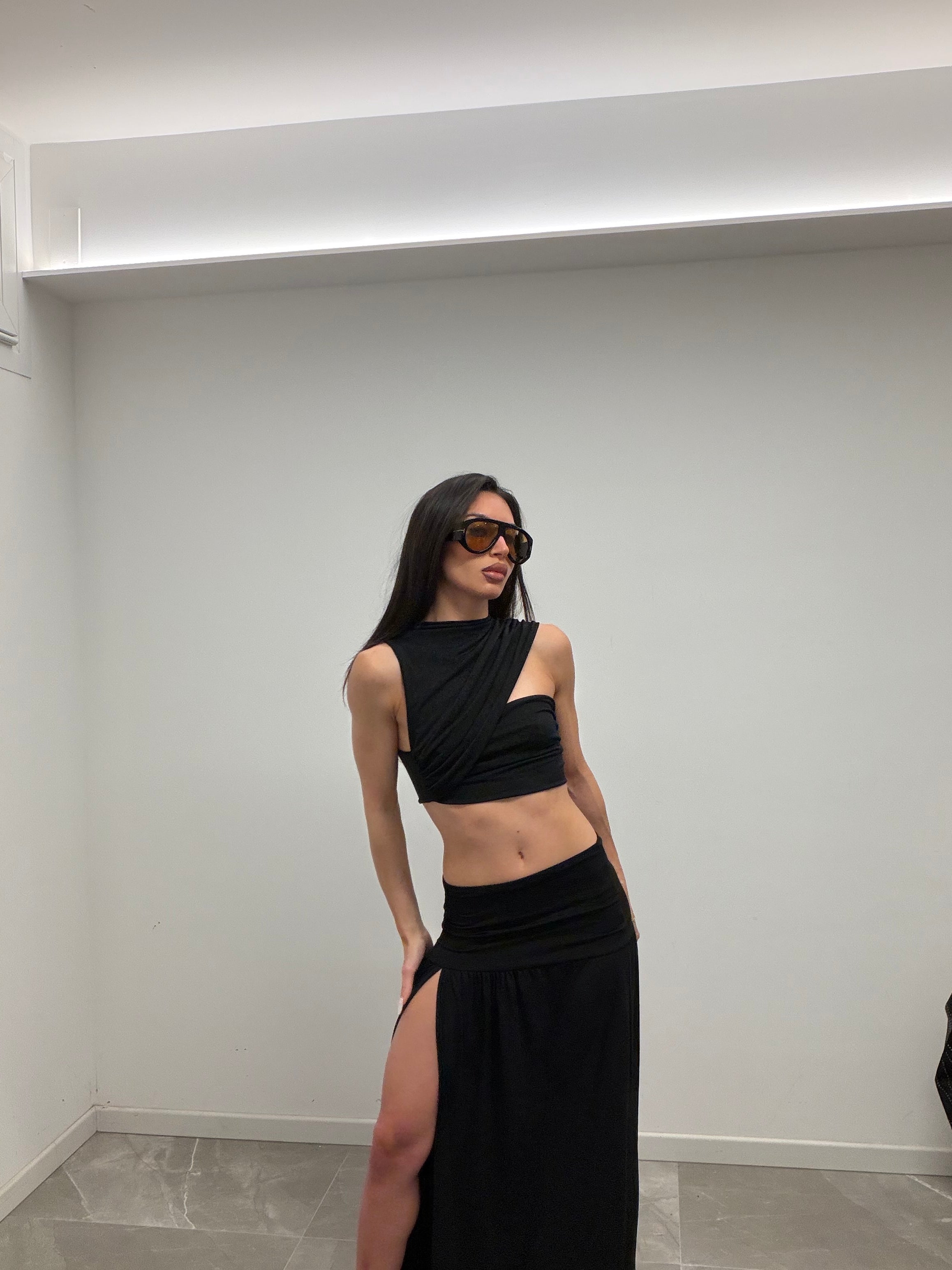Draped asymmetric crop top set